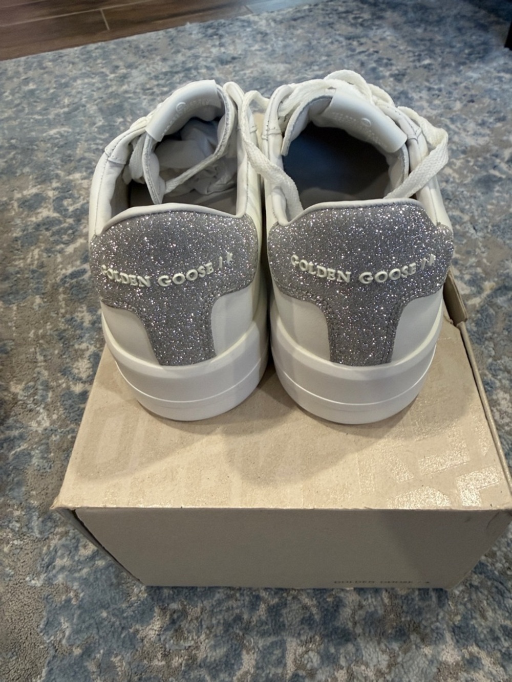 Golden Goose White Leather Low-Top Sneakers with Silver Glitter Heel - Picture 3 of 5